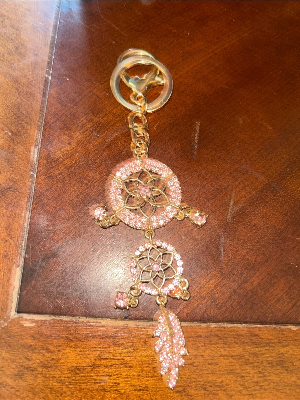 Fashion Jewelry Gold Tone Pink Crystal Dreamcatcher Keychain Card Holder